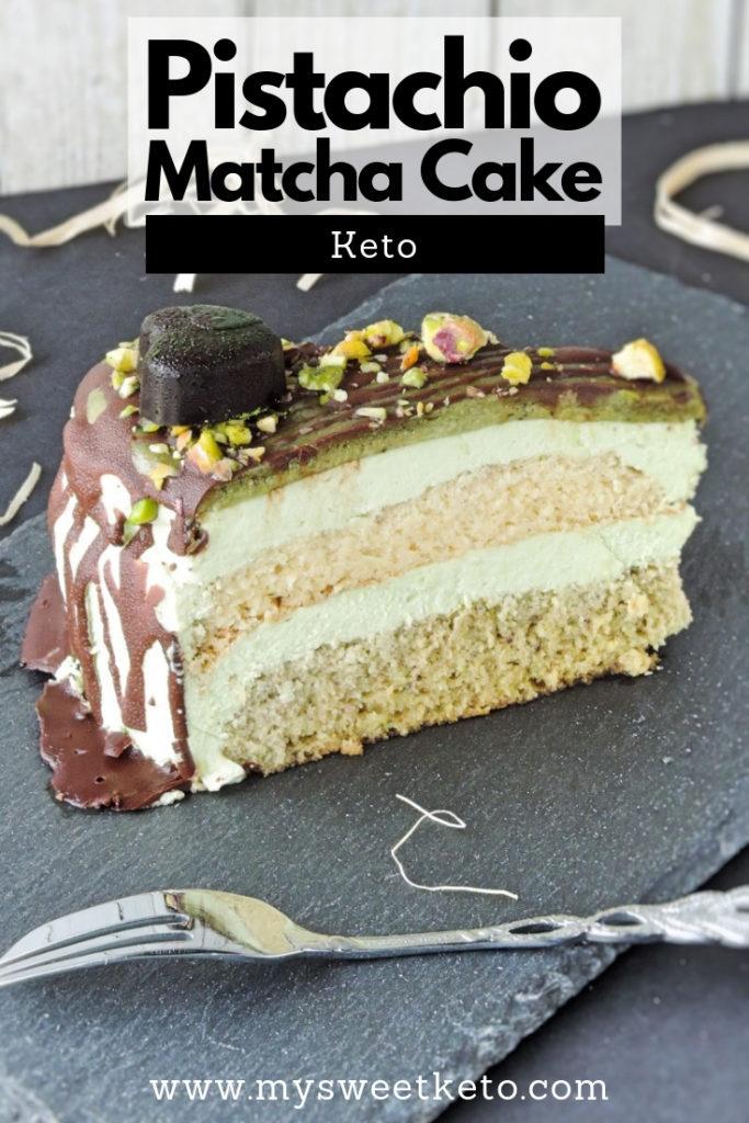 This a low carb/keto birthday pistachio matcha cake. You will want to eat too much of it if you're a pistachio and matcha fan like me. #keto #ketocake #cakerecipe #recipe #ketogenic #lowcarb
