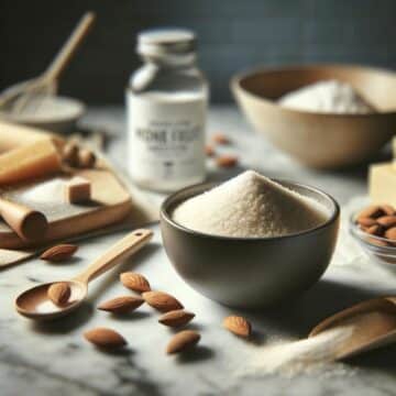 Granulated monk fruit sweetener in a kitchen setting with keto baking ingredients, highlighting its use in low-carb recipes.