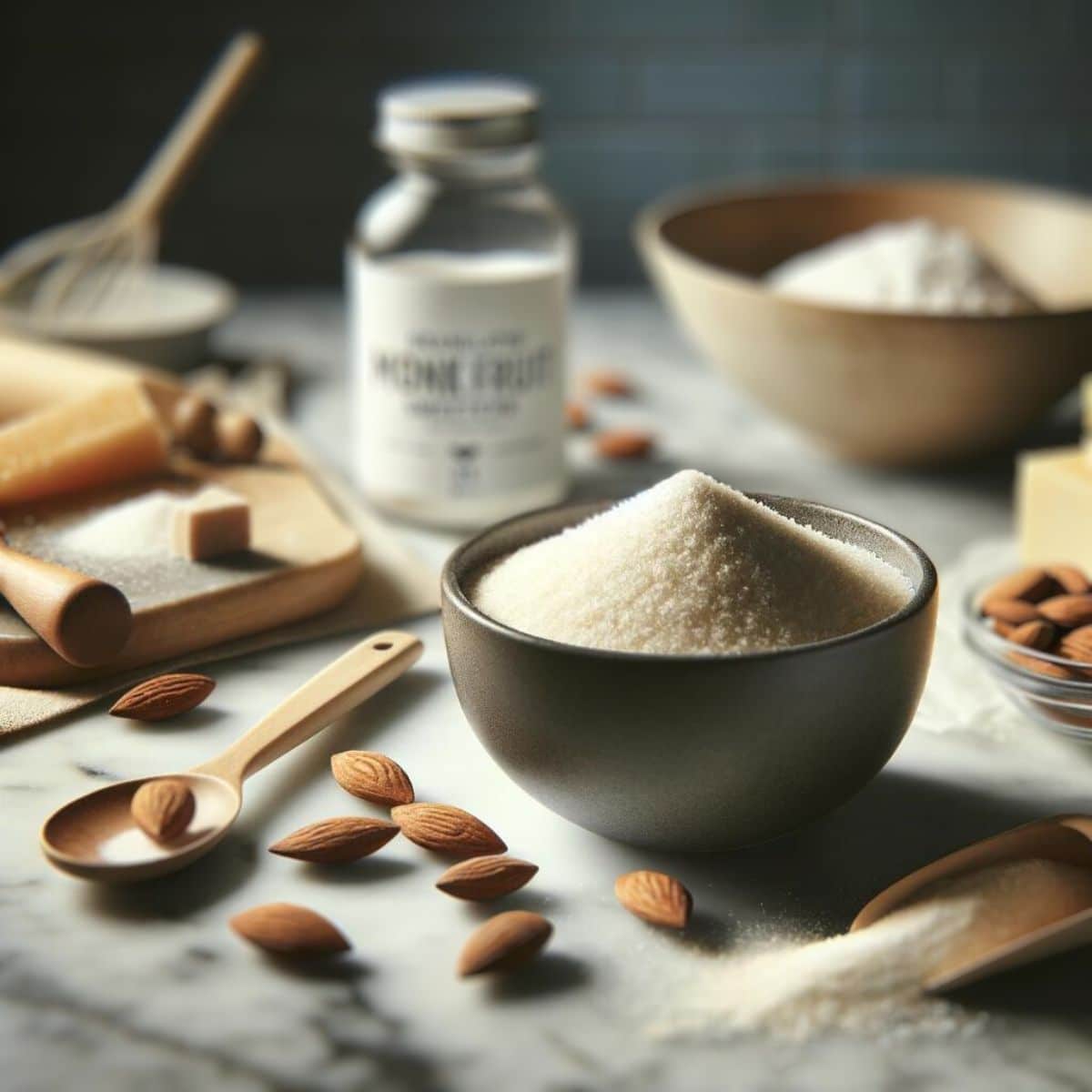 Granulated monk fruit sweetener in a kitchen setting with keto baking ingredients, highlighting its use in low-carb recipes.