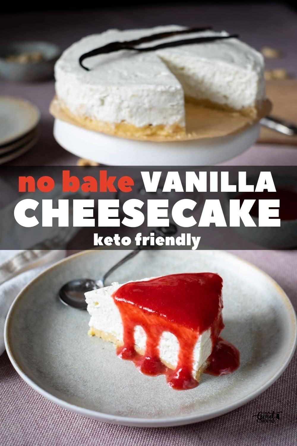 I adore any keto-friendly vanilla dessert! This no bake low carb vanilla cheesecake is completely egg-free and therefore requires no heating. #keto