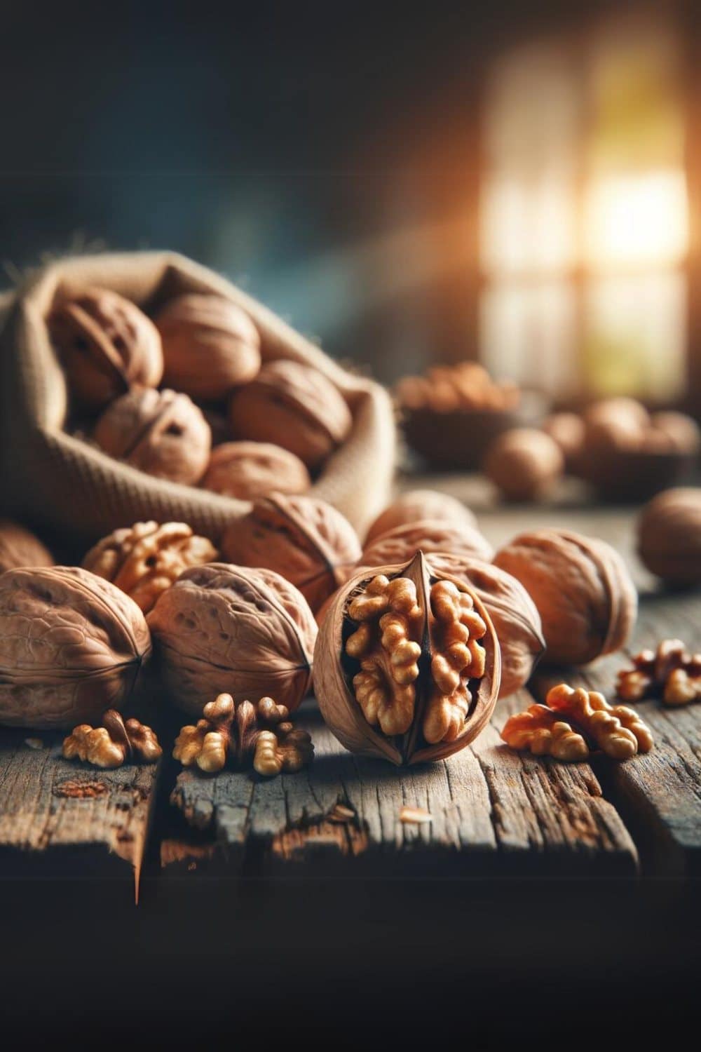 Walnuts spread on a rustic wooden surface.