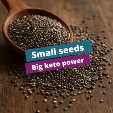 Close-up of chia seeds in a wooden spoon on a rustic wooden surface.