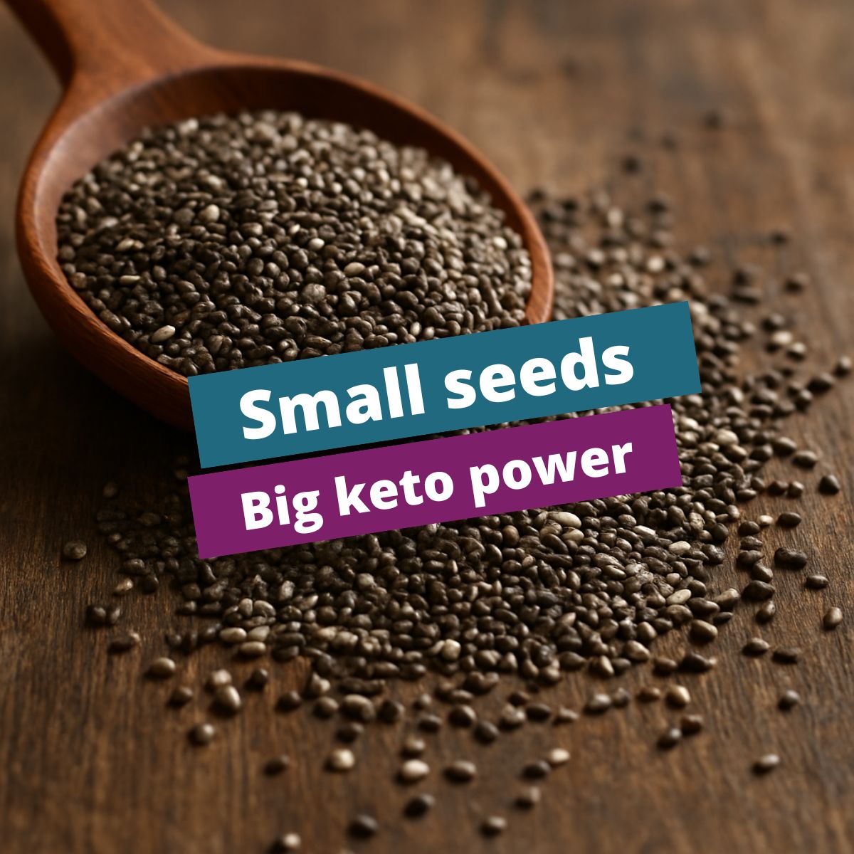 Close-up of chia seeds in a wooden spoon on a rustic wooden surface.