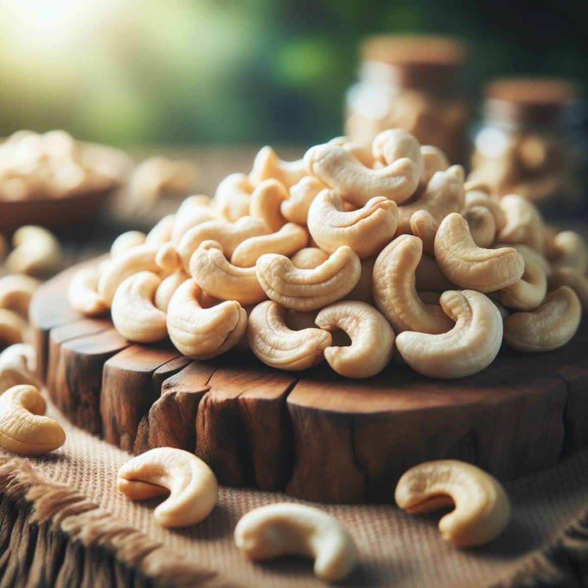 Heap of raw cashews on a rustic wooden surface with natural lighting.