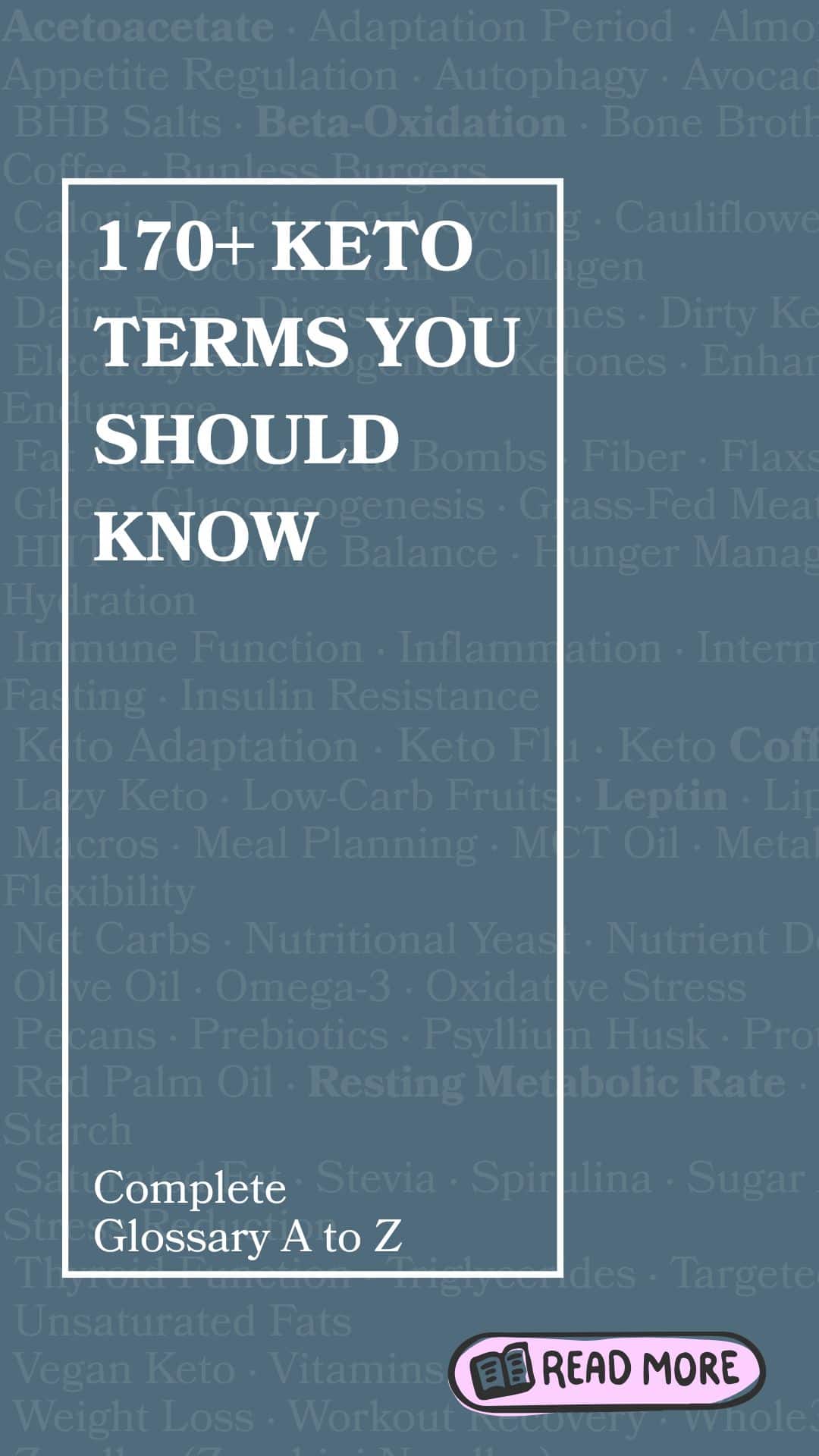 Cover image for a keto glossary featuring 170+ essential terms from A to Z, including keto flu, BHB, and zoodles, for beginners and low-carb dieters.