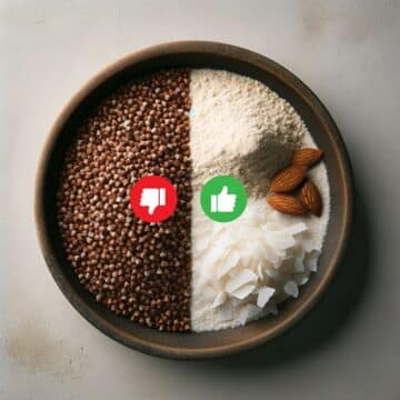 Contrast between buckwheat grains on the left and light, powdery almond and coconut flours on the right.