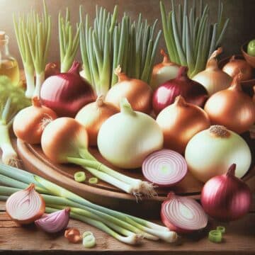 Assorted onions on a wooden surface showcasing keto-friendly green, yellow, and red varieties for a low-carb diet.