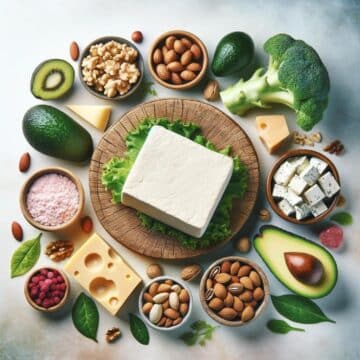 Plain tofu surrounded by keto-friendly foods including avocados, nuts, cheese, and leafy greens on a neutral background.