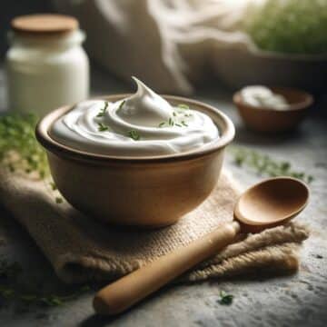 A bowl of sour cream on a rustic kitchen countertop, perfect for those wondering if sour cream is keto-friendly.