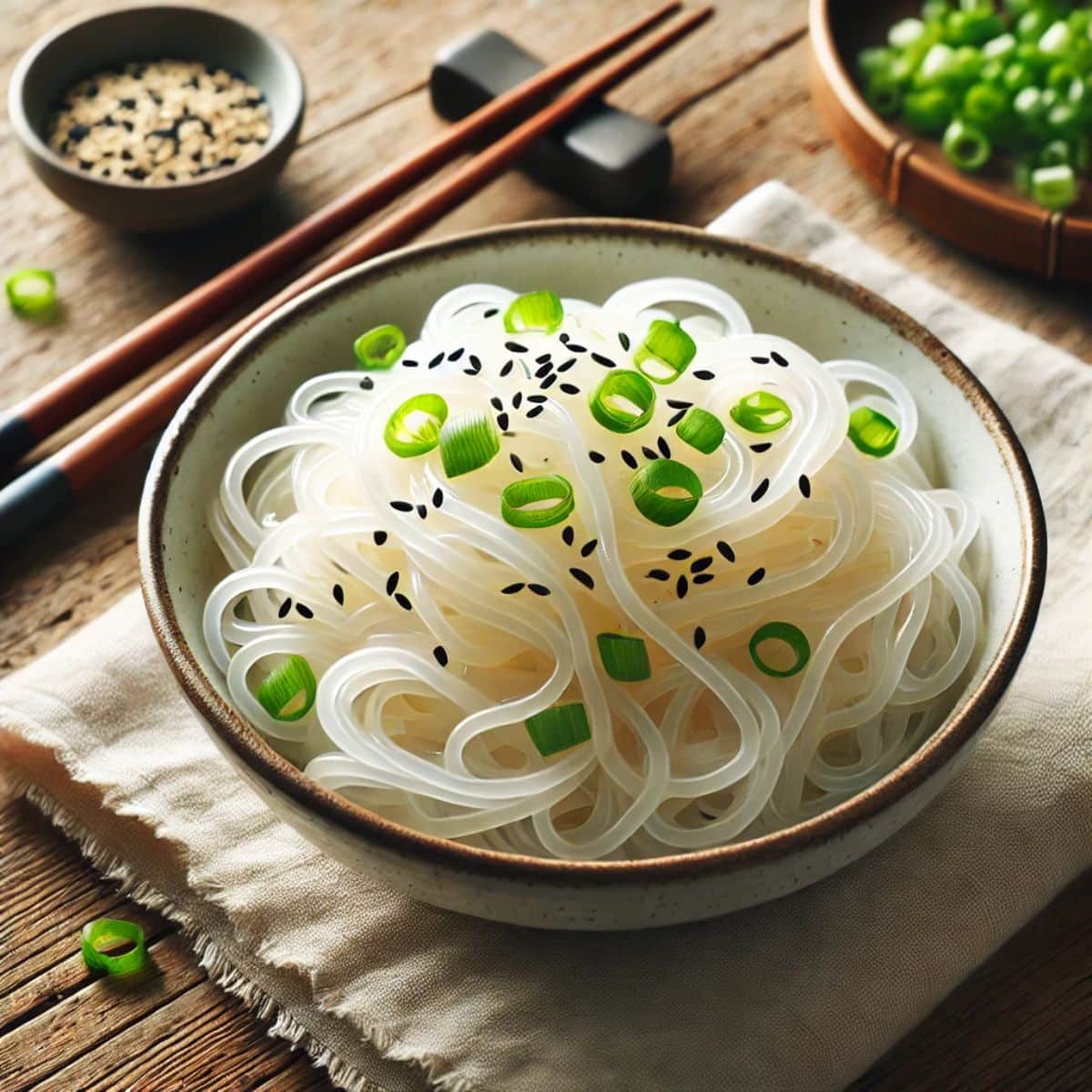 Bowl of shirataki noodles garnished with green onions and sesame seeds on a rustic table
