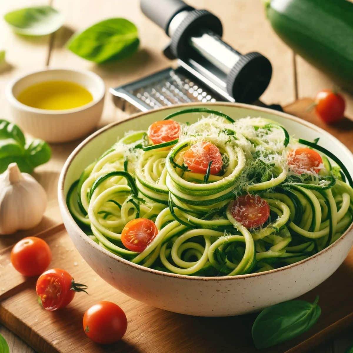 Spiralized zucchini noodles with cherry tomatoes, parmesan, and basil in a bowl on a wooden counter