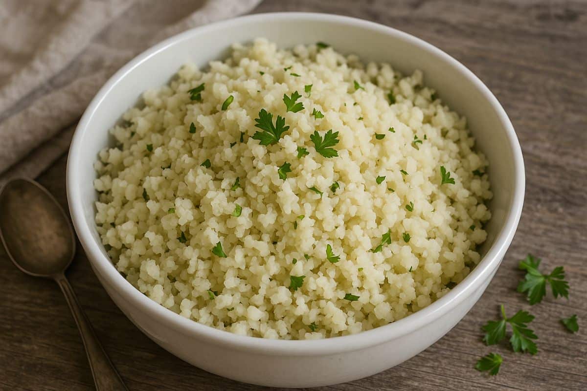 Bowl of cooked cauliflower rice garnished with fresh herbs on a wooden table