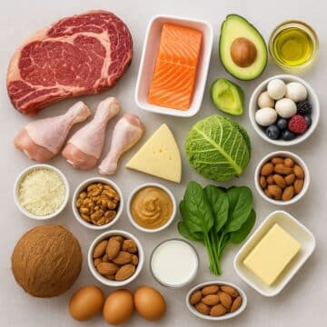 Top-down photo of keto-friendly groceries including steak, salmon, eggs, avocado, nuts, leafy greens, and dairy – perfect for beginners starting a ketogenic diet.