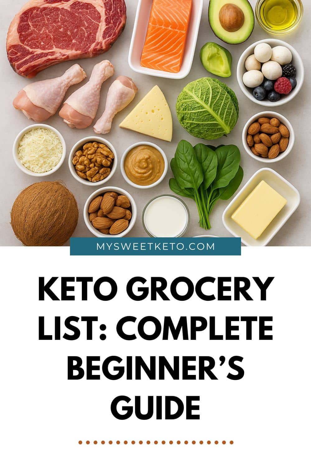 Flat lay of keto-friendly groceries including steak, salmon, avocado, leafy greens, nuts, eggs, cheese, and olive oil with text overlay reading “Keto Grocery List: Complete Beginner’s Guide"
