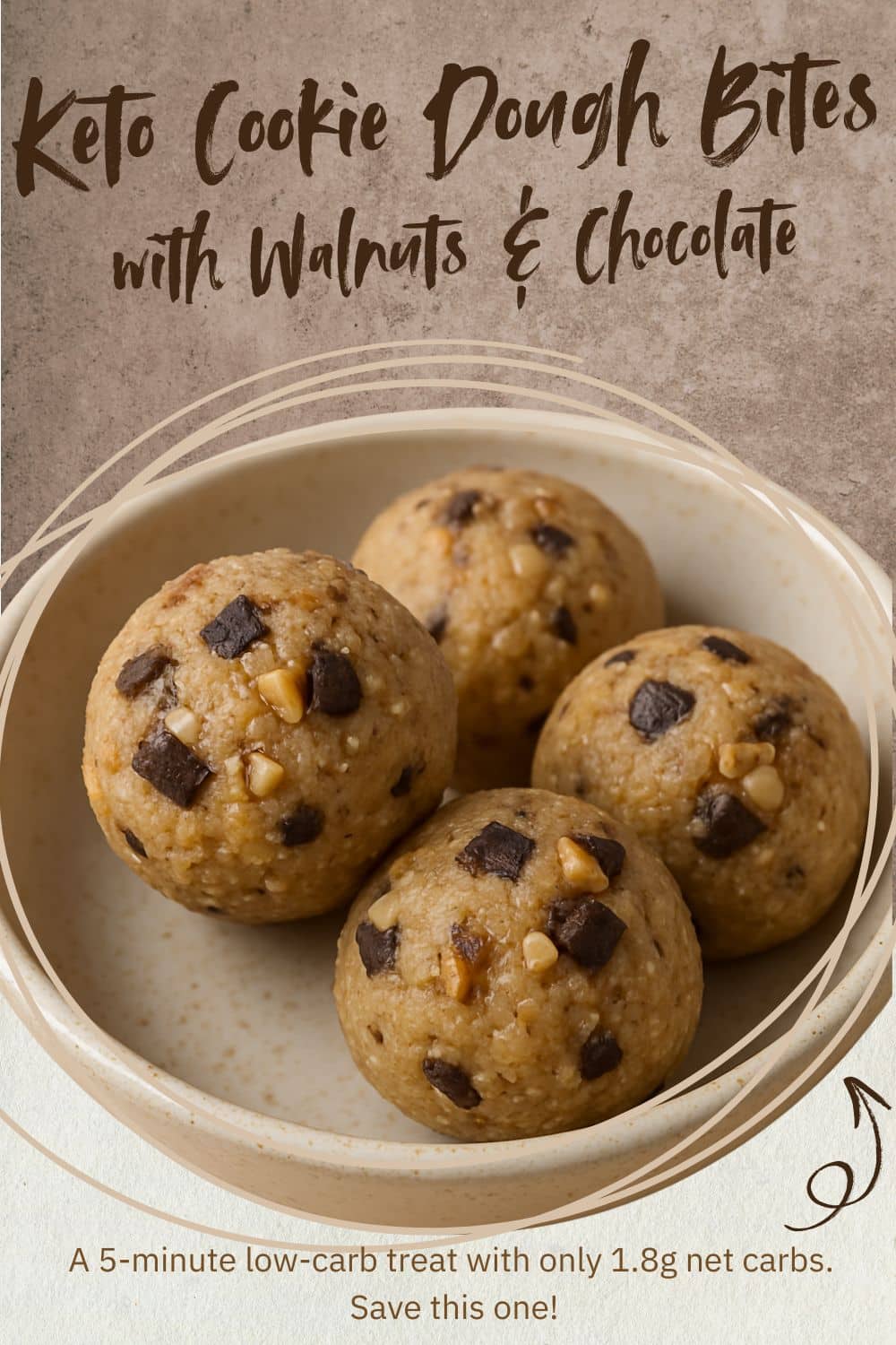 Tall image showing keto cookie dough bites with chocolate chips and walnuts in a bowl, overlaid with recipe name text.