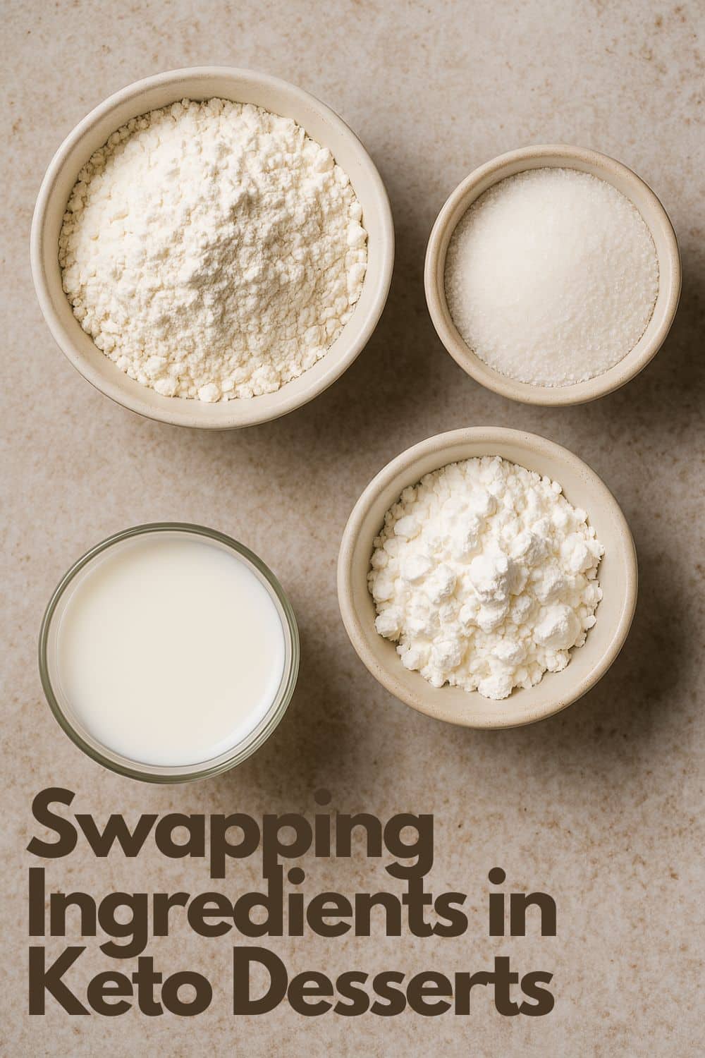 Top-down photo of flour, sugar, cornstarch, and milk – common baking ingredients swapped in keto desserts.