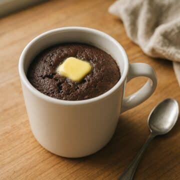 Keto chocolate mug cake topped with melting butter in a white mug on a wooden counter