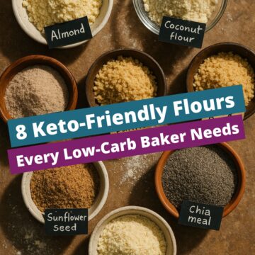 Overhead view of eight keto-friendly flours in assorted bowls with labels — almond, coconut, flaxseed, chia, sunflower seed, lupin, psyllium husk, and pork panko — arranged on a rustic wooden surface.