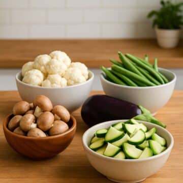 Four bowls with cauliflower, green beans, mushrooms, and chopped zucchini, alongside a whole eggplant, arranged on a wooden countertop in a bright kitchen.
