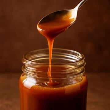 Golden caramel sauce dripping from a spoon into a glass jar on a brown background.