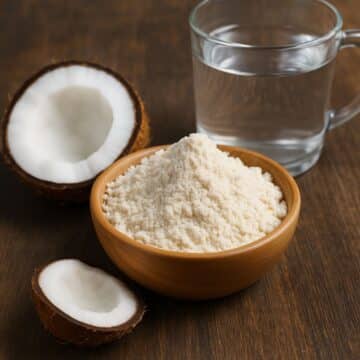 Bowl of coconut flour with fresh coconut and water on wooden surface
