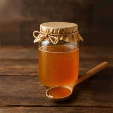 A glass jar filled with keto-friendly homemade syrup, covered with parchment and twine, next to a wooden spoon on a rustic wooden surface
