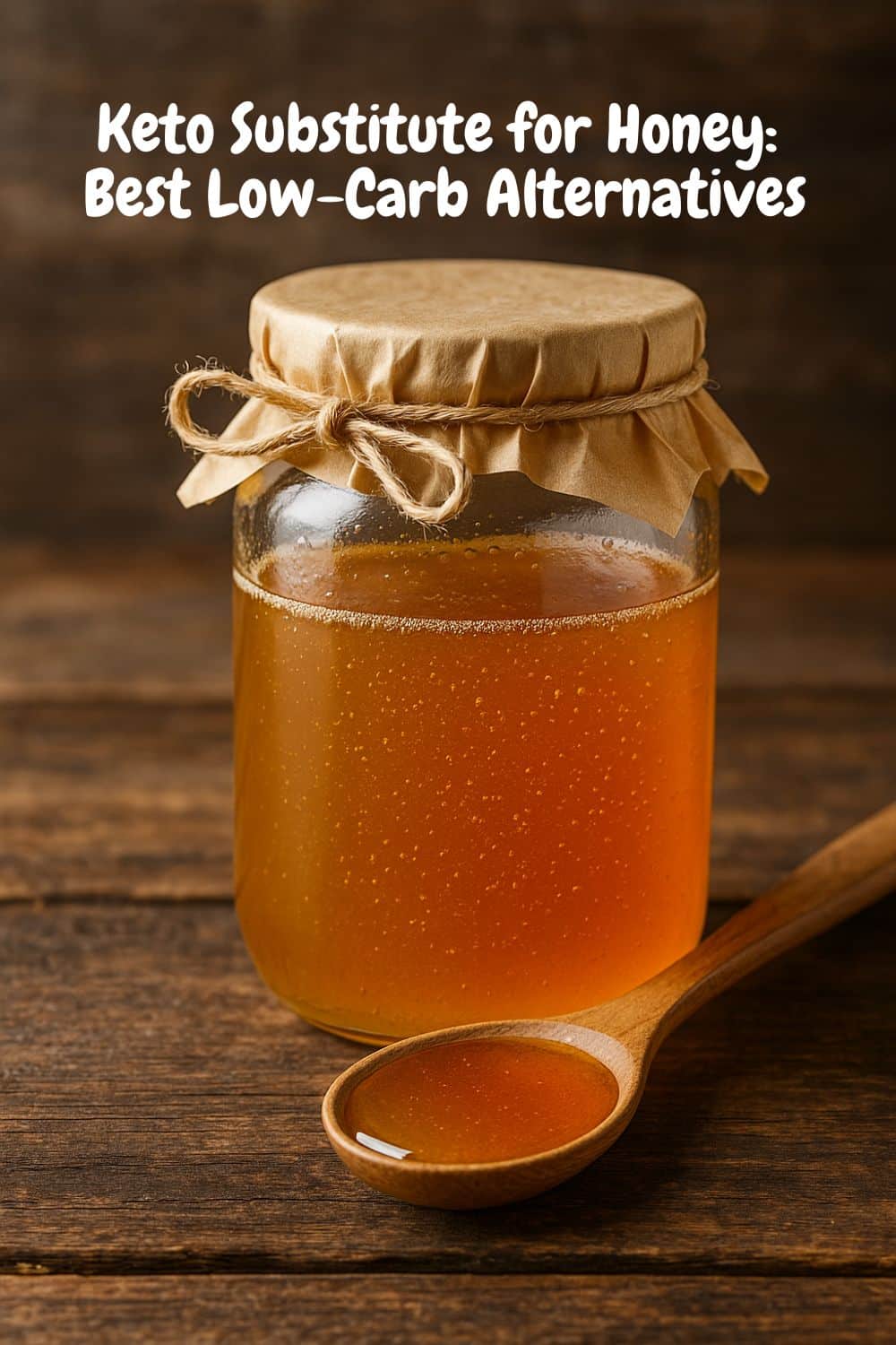 A jar of homemade keto honey substitute with a paper lid and twine bow, next to a wooden spoon, labeled “Keto Substitute for Honey: Best Low-Carb Alternatives”