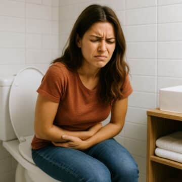 Woman experiencing stomach discomfort while sitting in a bathroom, representing digestive upset from sugar alcohols.
