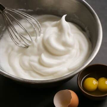 Whipped egg whites in a mixing bowl with a whisk, showing stiff peaks for keto baking