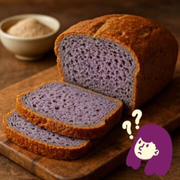 Freshly sliced loaf of psyllium bread with a purple crumb on wooden board, keto and gluten-free.