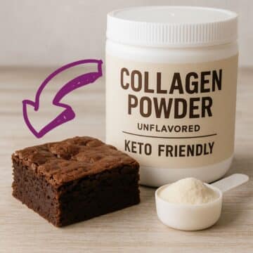 Keto collagen brownie with a scoop of collagen powder and labeled jar on wooden background.