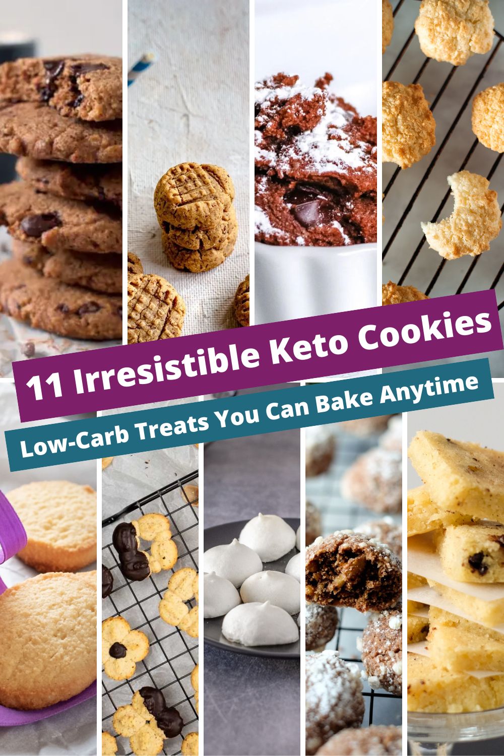 Collage of 11 keto cookies and low-carb treats including almond butter cookies, chocolate chip cookies, and coconut macaroons.