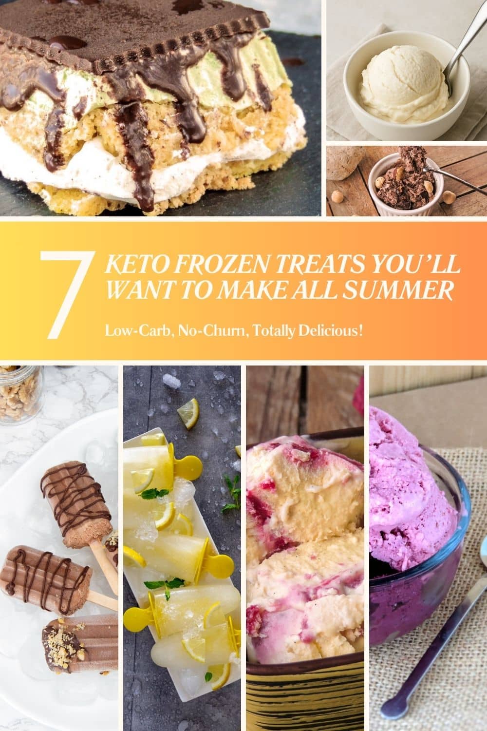 Collage of keto frozen desserts including popsicles, ice cream, and frozen yogurt with overlay text: “7 Keto Frozen Treats You’ll Want to Make All Summer