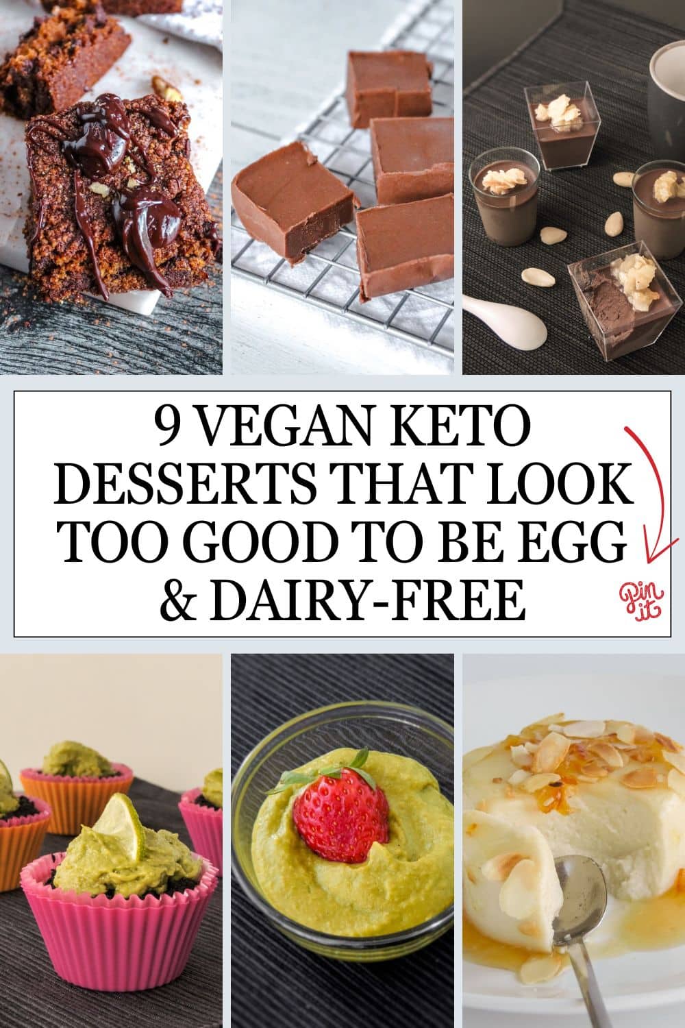 Collage of vegan keto desserts, including brownies, mousse, pudding, and panna cotta—highlighting egg-free and dairy-free indulgent treats.