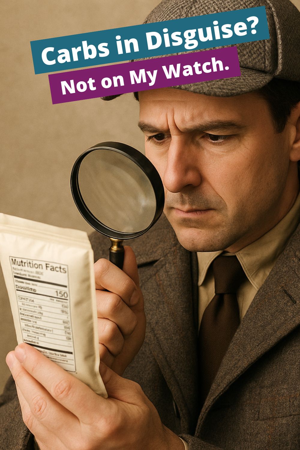 Man dressed as a detective inspecting a food label through a magnifying glass, with text overlay “Carbs in Disguise? Not on My Watch,” symbolizing finding hidden carbs in keto shopping.