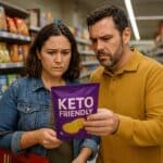 A couple in their late 30s carefully examining a bag labeled ‘Keto Friendly’ in a grocery store aisle, looking skeptical about the claim.