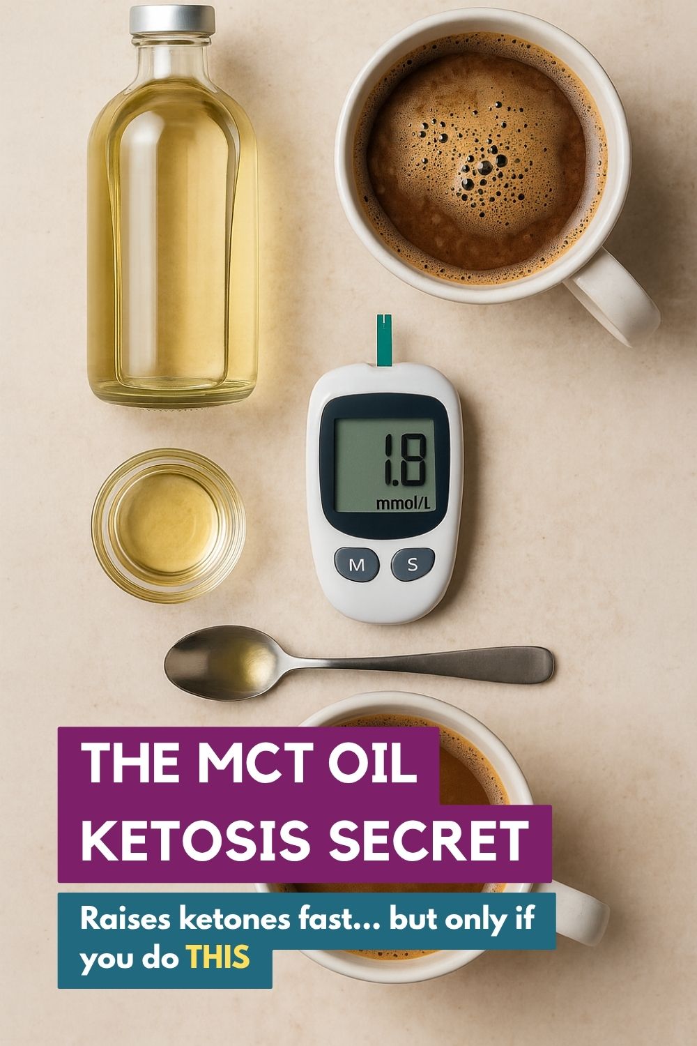 Top-down photo of MCT oil bottle, coffee cup, ketone meter reading 1.8 mmol/L, glass of oil, and teaspoon, with bold text overlay reading “The MCT Oil Ketosis Secret – Raises ketones fast… but only if you do THIS."
