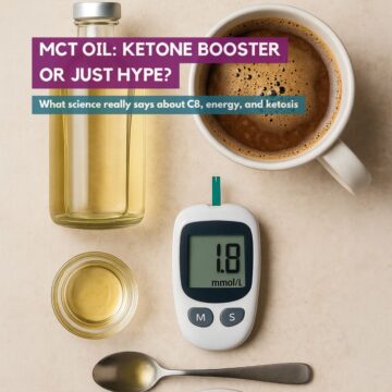 Top-down photo of MCT oil bottle, cup of coffee, ketone meter reading 1.8 mmol/L, small glass of oil, and teaspoon on a beige countertop.