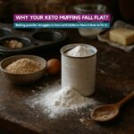 Rustic kitchen scene with baking powder, almond flour, and eggs—highlighting common issues with leavening in keto baking.