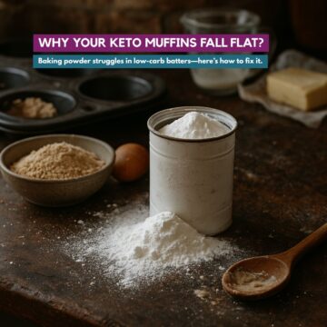 Rustic kitchen scene with baking powder, almond flour, and eggs—highlighting common issues with leavening in keto baking.