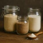 Three different-sized jars filled with almond, hazelnut, and coconut flour on a wooden surface—illustrating how nut flours are stored to prevent rancidity.