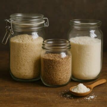 Three different-sized jars filled with almond, hazelnut, and coconut flour on a wooden surface—illustrating how nut flours are stored to prevent rancidity.