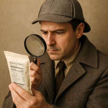 Man dressed as a detective using a magnifying glass to inspect a food package, symbolizing spotting hidden carbs on food labels.