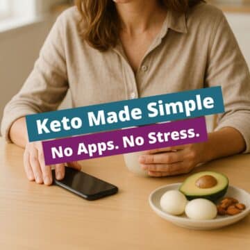 A relaxed woman putting down her smartphone, symbolizing freedom from macro tracking while living a simple, stress-free keto lifestyle.