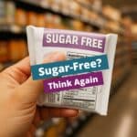 Hand holding a “sugar-free” snack bar in a grocery store aisle, flipping it over to check the nutrition label for hidden sugars.