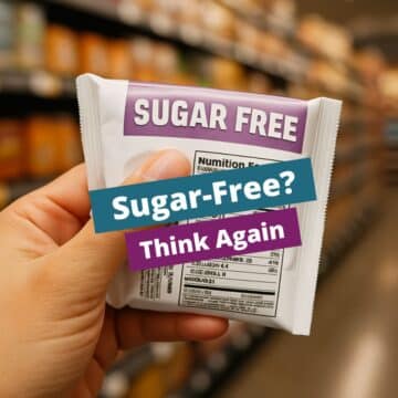Hand holding a “sugar-free” snack bar in a grocery store aisle, flipping it over to check the nutrition label for hidden sugars.