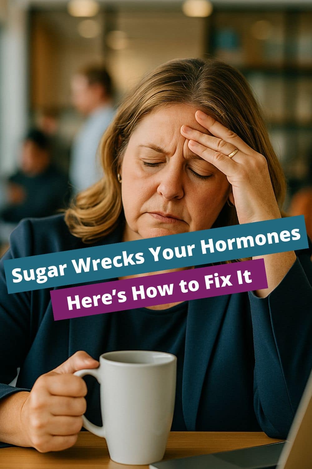 Woman in a modern office, holding coffee, looking tired while working on her laptop. Pinterest pin image for article on how sugar affects hormones and why keto helps.