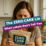 A frustrated woman in her mid-30s reading a “zero-carb” food label, realizing it hides real carbs — perfect for a keto lifestyle article.