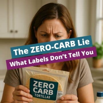 A frustrated woman in her mid-30s reading a “zero-carb” food label, realizing it hides real carbs — perfect for a keto lifestyle article.