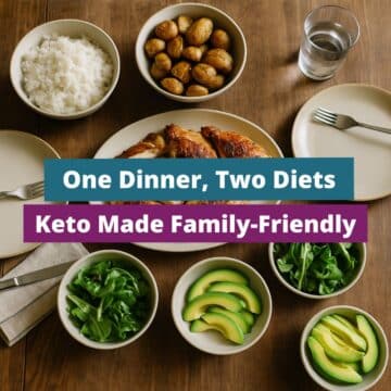 Overhead view of a rustic dinner table with roasted chicken, potatoes, rice, salad, and avocado — showing how one dinner works for both keto and non-keto eaters.
